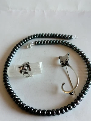 $24.99 • Buy Vintage Sterling Silver Orvelo Taxco Cat Pin Cat Ring Tahitian Pearls Clasp Lot