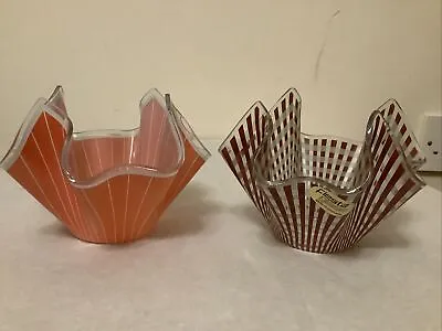 MCM Pair Fiesta Glass Handkerchief Gingham Brown Orange Stripe Nibble Bowls • £15