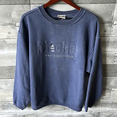 Vintage 90s Walt Disney World Mickey Mouse Blue Crewneck Sweatshirt Mens Large • $28