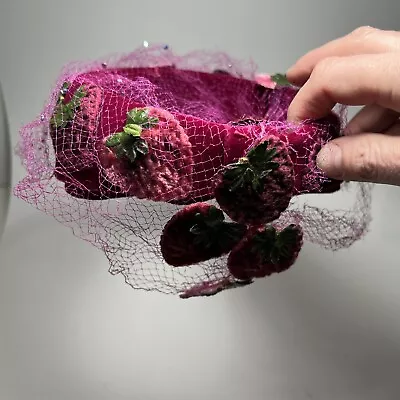 Vintage Strawberries Fascinator Hat Magenta Purple Velvet 40s 50s Netting READ • $25