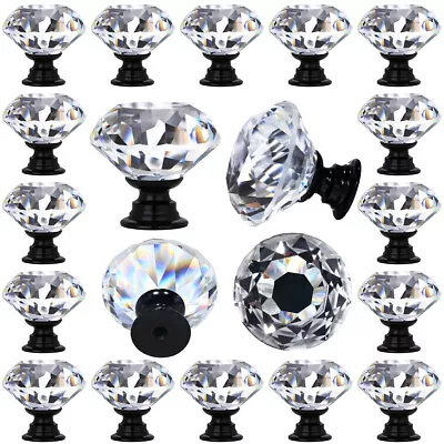 12 PCS Clear Crystal Glass Drawer Cabinet Pulls Knobs Diamond Shape 30mm Black • $10.99