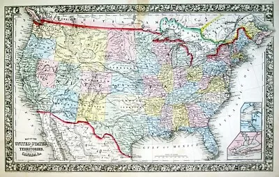 1863 United States  Mitchell Antique Original Hand-colored Map • $139