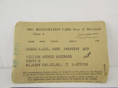 1961 Maryland Car Registration Stub Card Vintage • $11.99