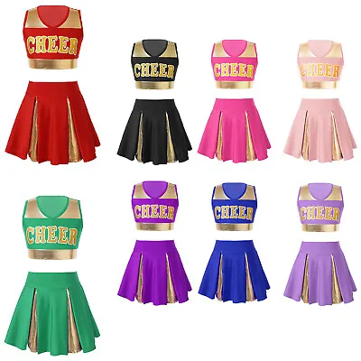 Kids Girls Shiny Metallic Cheerleading Uniform Crop Top With Skirt Dance Outfits • £5.34