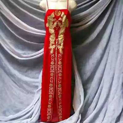  Vintage Red  Chiffon Chinese Tunic Dress Gold Painted Size Small • $34.99