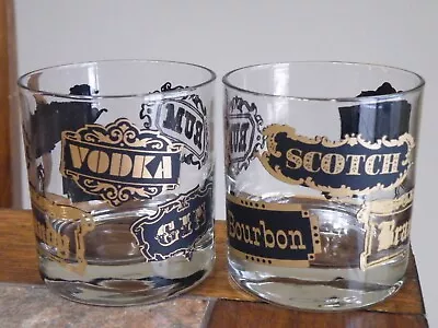 2 Vtg BAR GLASSES 3  Bourbon BRANDY Vodka SCOTCH Gin RUM Black Gold GRAPHICS Mcm • $27.99