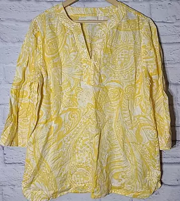 Chico's Linen Blouse Top Women's Large Yellow White Paisley Sequins Embellished • $24.99