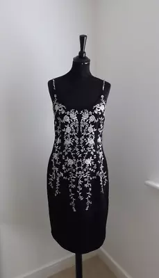 Maggy London Occasion Pencil Dress Black White Embroidery Strappy Size 12 Cruise • £45