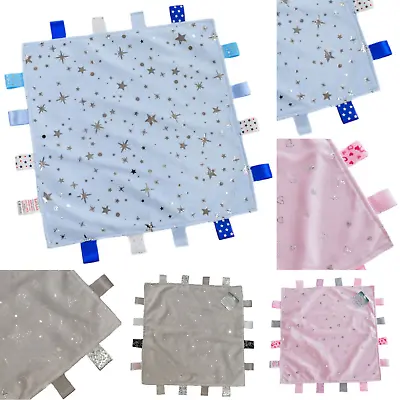 Baby Boys Girls Tag Comforter Blanketsoft Velour Pink Hearts Grey Blue Stars • £3.84