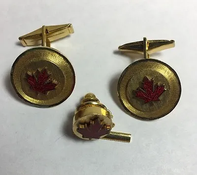 Red Enamel Maple Leaf Gold Tone Cufflinks & Tie Tack Set Men's Jewelry Lot F-81 • $7.50