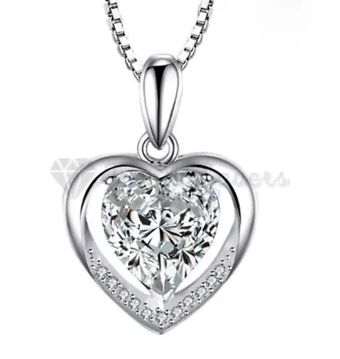 Womens Heart Birthstone 925 Sterling Silver Crystal Outline Pendant Necklace • £3.99