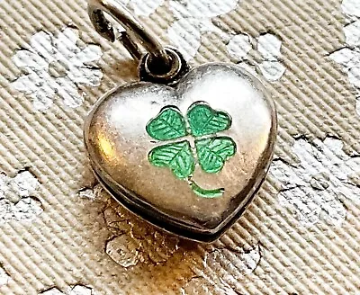 Vintage Sterling Tiny Sliding Heart Charm With Green Enamel 4 Leaf Clover • $59