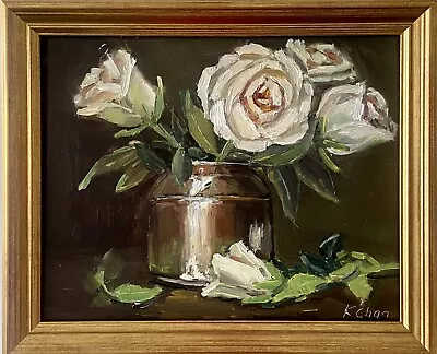 Original Still Life Oil Painting Of White Roses By Artist Karen Chan • $225