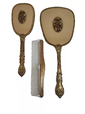 Vintage Matson Vanity Brush Mirror Comb Set Gold Tone Rose Floral Collectibles • $34.99