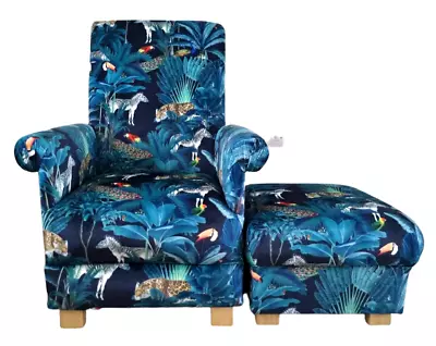 Tropical Jungle Velvet Fabric Adult Chair & Footstool Animals Armchair Blue Teal • £398.99