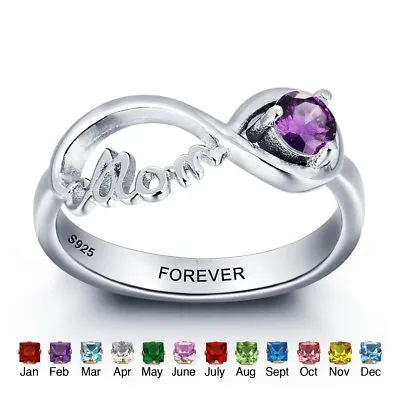 925 Sterling Silver Personalized CZ Birthstone & Engraved  Mom  Infinity Ring • $44.99