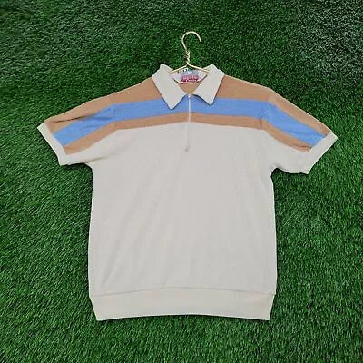 Vintage 70s Striped Blank Zip Polo Shirt S 18x23 (M) Colorblock Beige Brown USA • $41.10