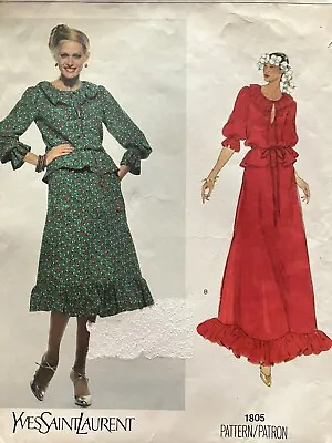 Vogue Paris Yves Saint Laurent Peasant Blouse Ruffled Skirt Pattern 1805 Size 12 • $32.97