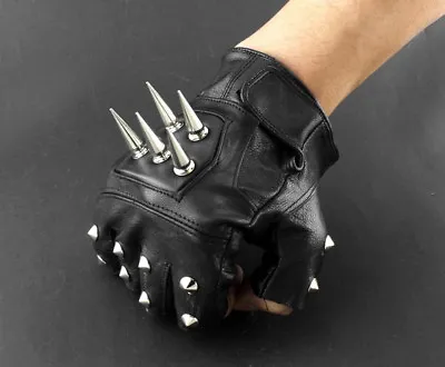 Mens Leather Spike Stud Punk Rocker Driving Motorcycle Biker Fingerless Gloves • $19