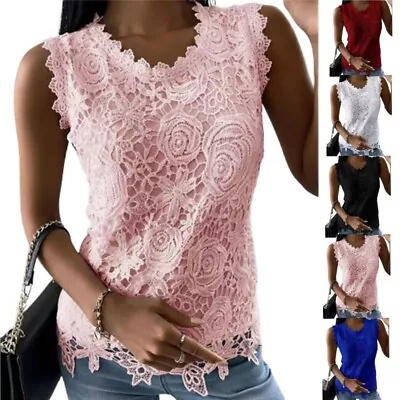 Womens Summer Crew Neck Tee Tops Ladies Loose Sleeveless Strappy Lace Tank Vest • £9.59