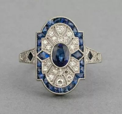 Art Deco Sapphire & Lab Created Diamond Edging Wedding 14K WhiteGold Filled Ring • $71.40