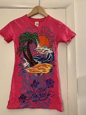 Ed Hardy Girls Hot Pink Deserted Island Beach Palm Tree Shirt Medium  10   • £19.79