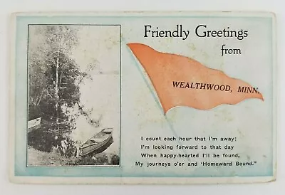 Postcard Greeting From Wealthwood Minnesota Flag Mille Lacs Lake Row Boat 1924 • $6.95