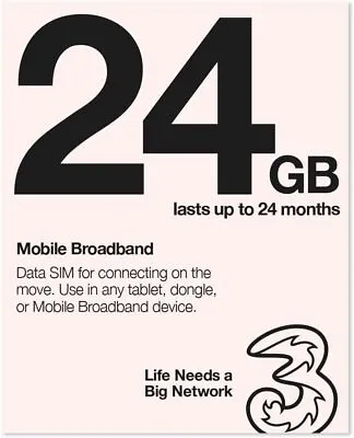 Three Mobile Broadband Sim Card With 24GB  Data For Use In IPad Tablet Dongle • £42