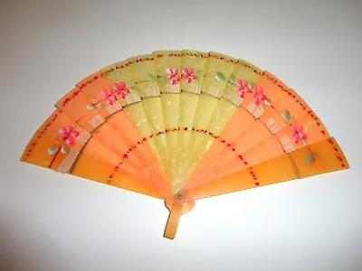 Vintage Hand Painted Celluloid Hand Fan Orange Yellow Flowers Design • $3.99