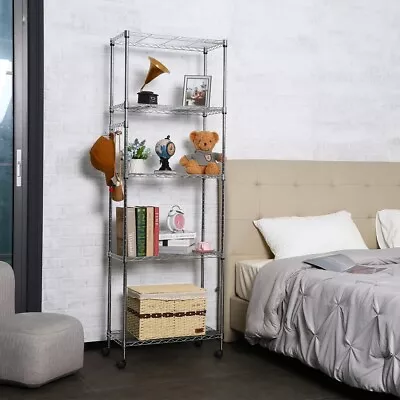 5 Tier Metal Storage Rack Shelving Wire Shelf Kitchen Office Unit Stand 4 Wheels • £49.99