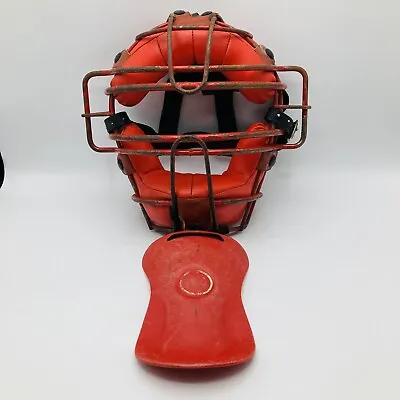 VTG Red Metal Baseball Umpire Adult Catchers Mask W/Neck Guard Leather Pads • $35