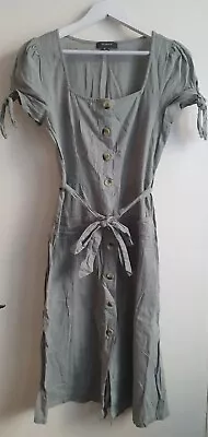 Primark Safari Midi Holiday Dress Pockets Buttons Cotton UK14 EU42 US10 Sage • £15.99