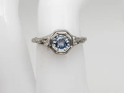 Antique 1920s $2400 Natural Ceylon Blue Sapphire 18k White Gold Filigree Ring • $450