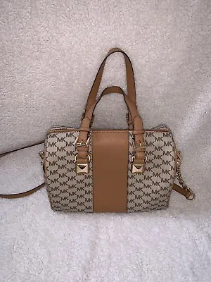 Authentic Michael Kors Grayson Medium Center Stripe Nat/acorn Chain Satchel Bag • $280