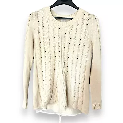 CAbi #3157 Womens Size Medium Ivory Cream Lace Up Pullover Cable Knit Sweater  • $18