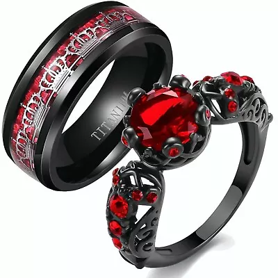 Couple Rings Matching Rings Red Cz Black Ring Women's Wedding Ring Crown Rings • $8.99