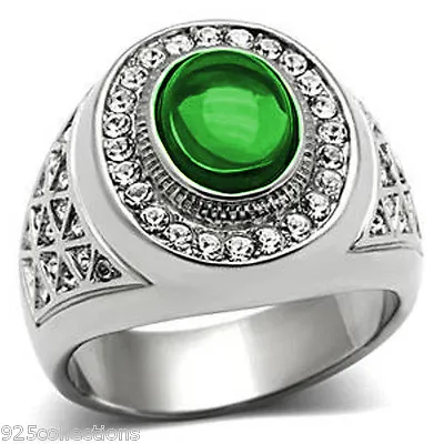 10x8 Mm 316 Stainless Steel May Green Emerald Stone Dome Cut Men Ring Size 7-13 • $30.99