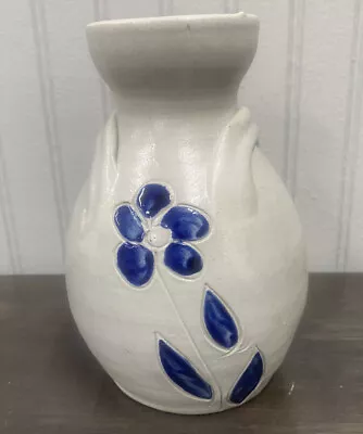 Vintage Williamsburg VA. Pottery Gray Vase Cobalt Blue Floral Stoneware • $13.99