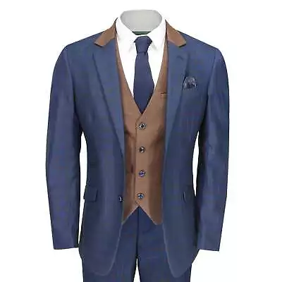 Mens 3 Piece Suit Vintage Windowpane Check Navy Blue Smart Tailored Fit UK Size • £89.99