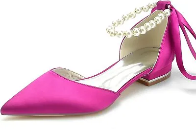 Women's Pointed Toe Pumps Pearl Satin Wedding Shoes For Bride Flats Ankle...  • £99.30
