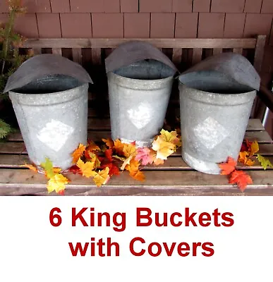 6 TALL Vtg KINGVERMONT Maple Sap Buckets+COVERS~Rustic Farmhouse Garden Planters • £66.71