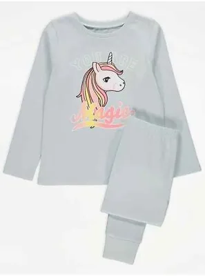 Bnwt Girls Age 6-7  Years  Blue Unicorn Print Pyjama Set • £0.99