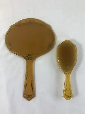 Vintage Art Deco Amber Butterscotch Celluloid Vanity Hand Mirror Brush Bakelite • $22.99