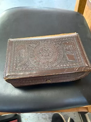 Vintage Hand Tooled  Leather Jewelry Box Mayan Aztec8”  Box • $10