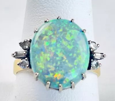 Vintage 18K Yellow Gold Australian White Opal And Diamond Ring • $975