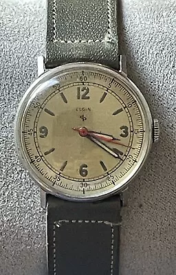 Vintage ELGIN Watch Military Style 539 USA White Dial Red Seconds Hand Stainless • $40