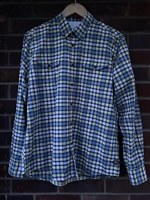 Barbour Steve McQueen L Long Sleeve Shirt Check Large Slim Fit Blue Yellow Plaid • $41.05