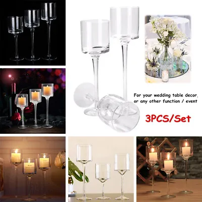 3PCS Tall Glass Candle Holder Hurricane Lamp Tea-Light Centrepiece Wedding Table • £12.94