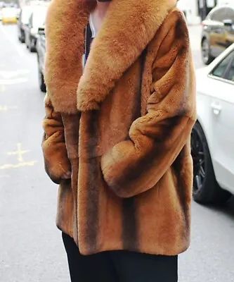 Men’s Chinchilla Color Real Rex Rabbit Fur Coat Fox Collar Winter Jacket Outwear • $625