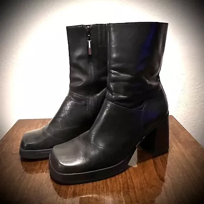 90's Vintage Tommy Hilfiger Black Leather Block Heel Square Toe Boots Sz 10 M • $75